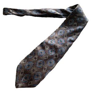Graham Lockwood London Mens Tie Brown Blue 100% Silk Geometric Luxury Necktie